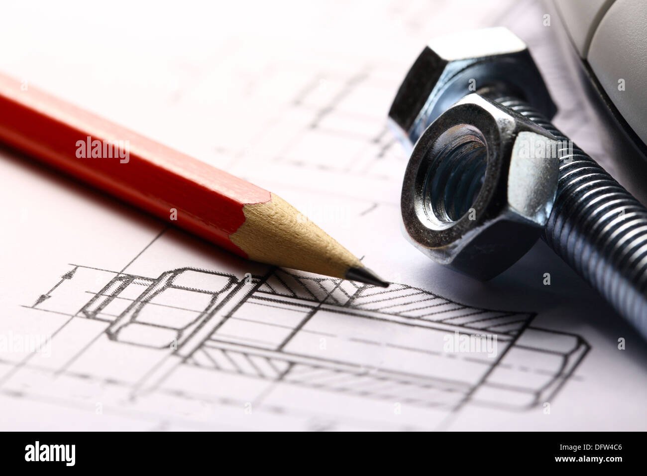 Drafting, mouse and screw bolt with nut Stock Photo