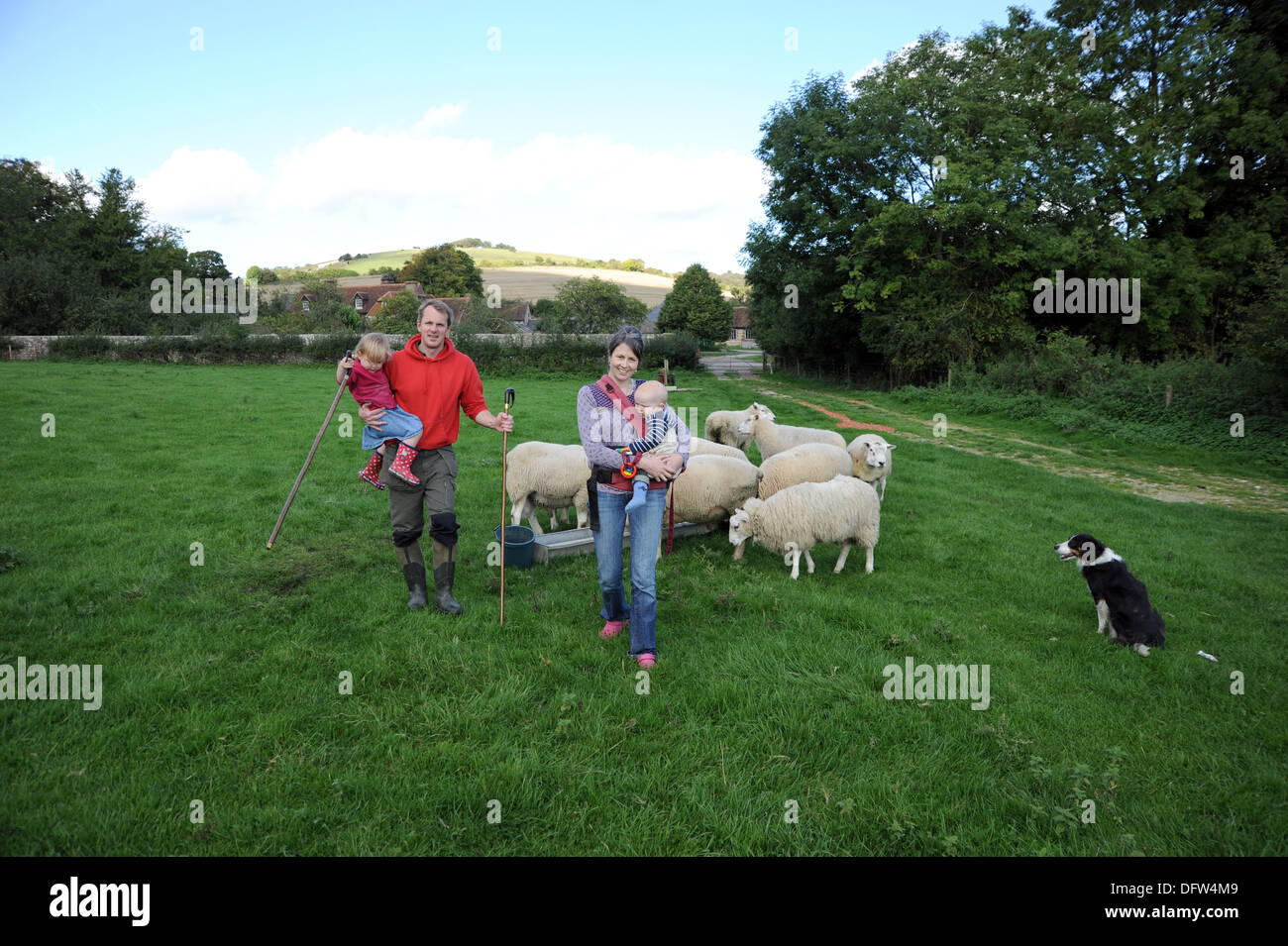 Sheep farming family at Saddlescombe Farm near Devils Dyke Brighton UK Stock Photo
