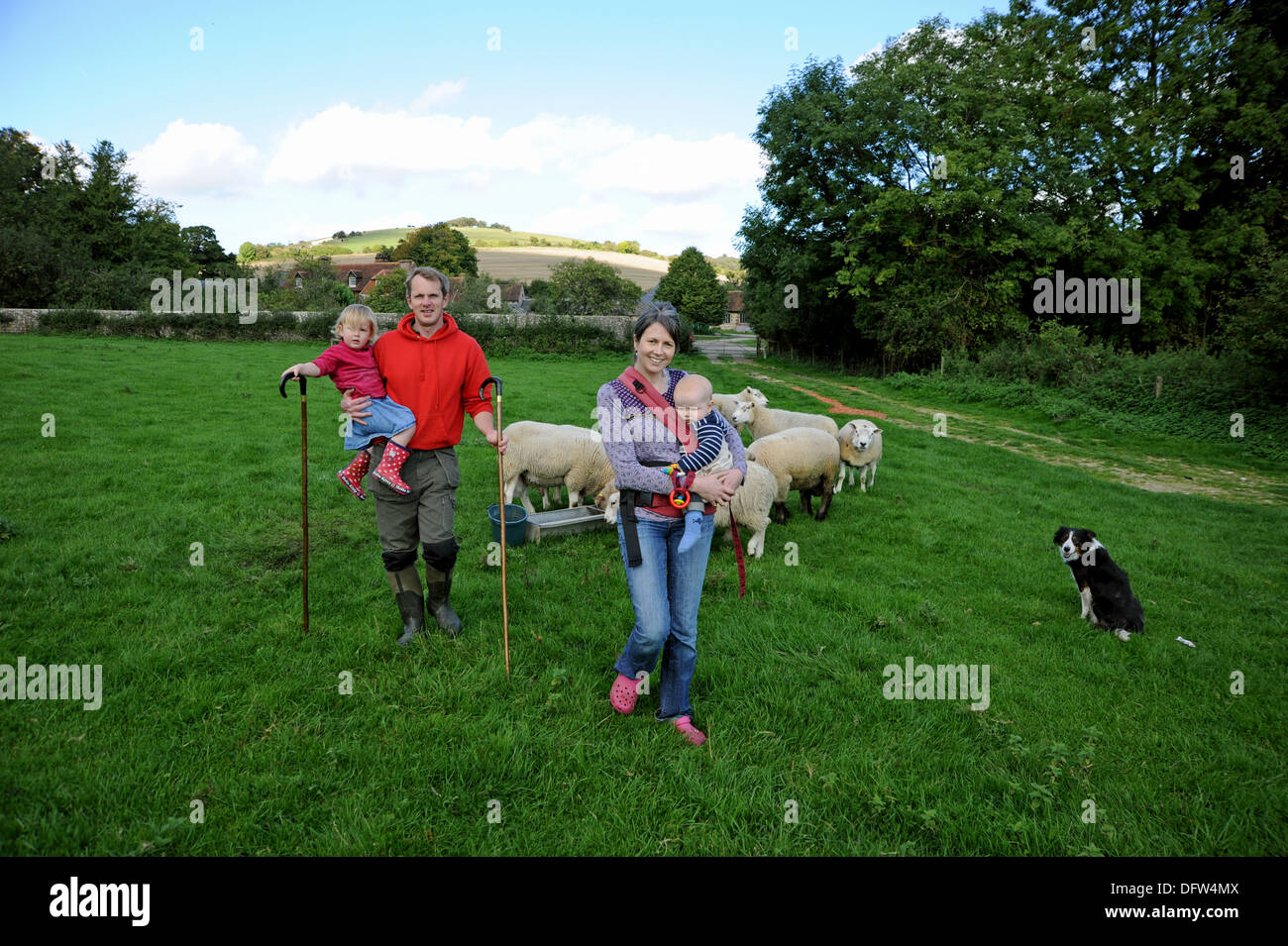 Sheep farming family at Saddlescombe Farm near Devils Dyke Brighton UK Stock Photo