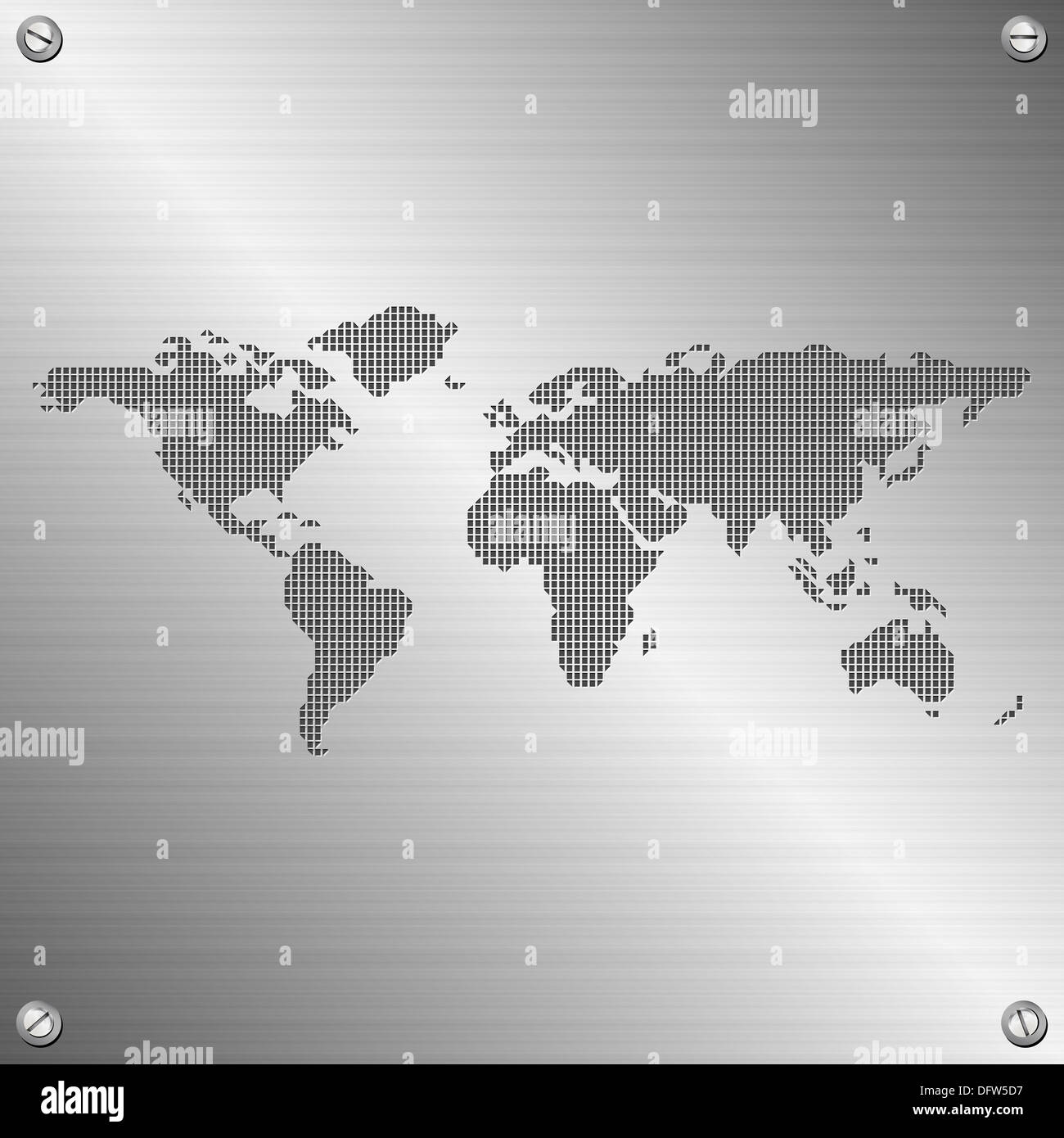 world map illustration on stainless steel background Stock Photo