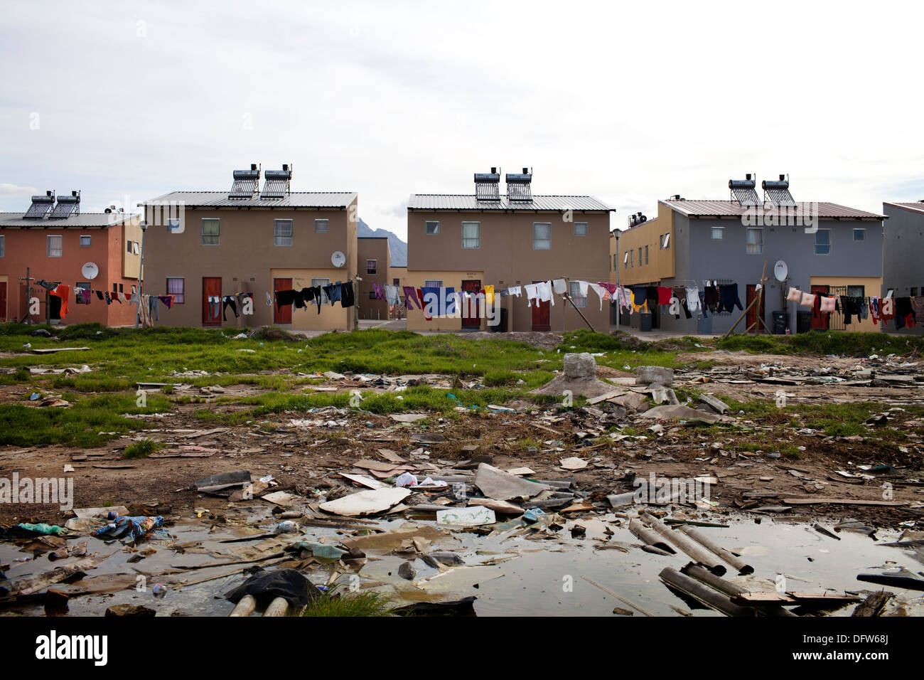 Cape Town South Africa - Washing hangs behind a newly developed RDP housing project in Langa where all houses are equipped with Stock Photo