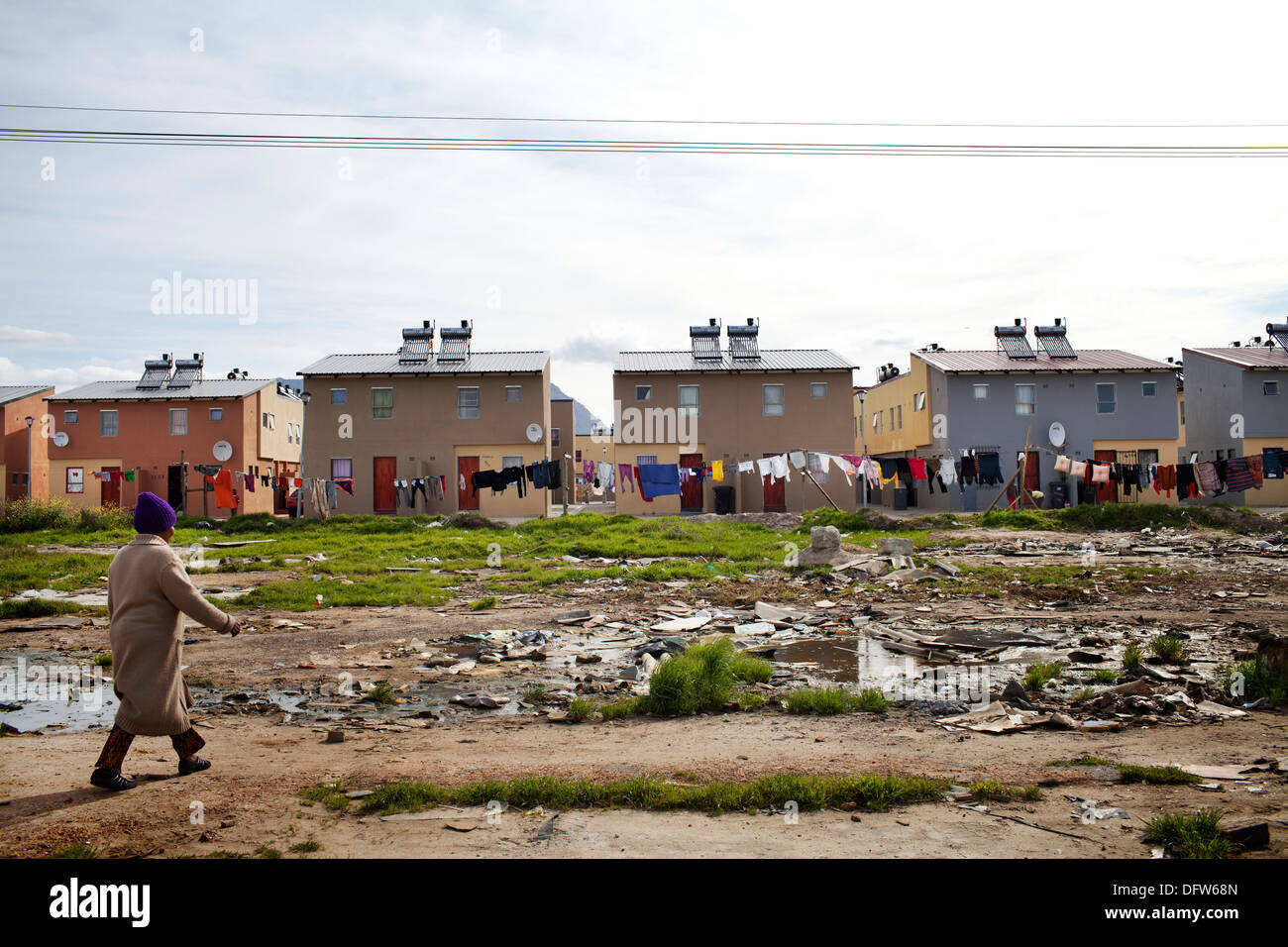 Cape Town South Africa Washing hangs behind a newly developed RDP housing project in Langa