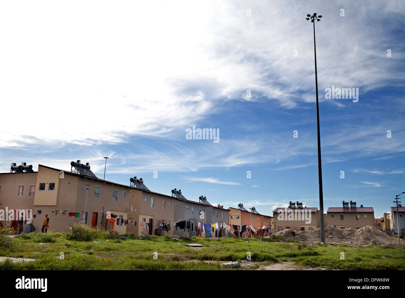 Cape Town South Africa - Washing hangs behind a newly developed RDP housing project in Langa where all houses are equipped with Stock Photo