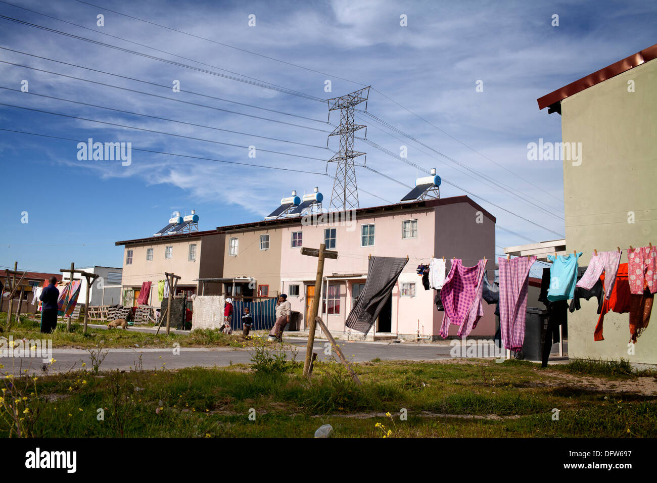 Cape Town South Africa - Washing hangs behind a newly developed RDP housing project in Langa where all houses are equipped with Stock Photo