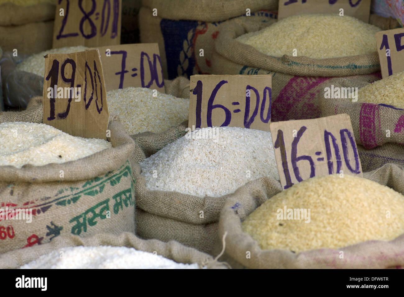 rice varieties with price tags in a shop in santacruz district mumbai maharashtra india asia Stock Photo