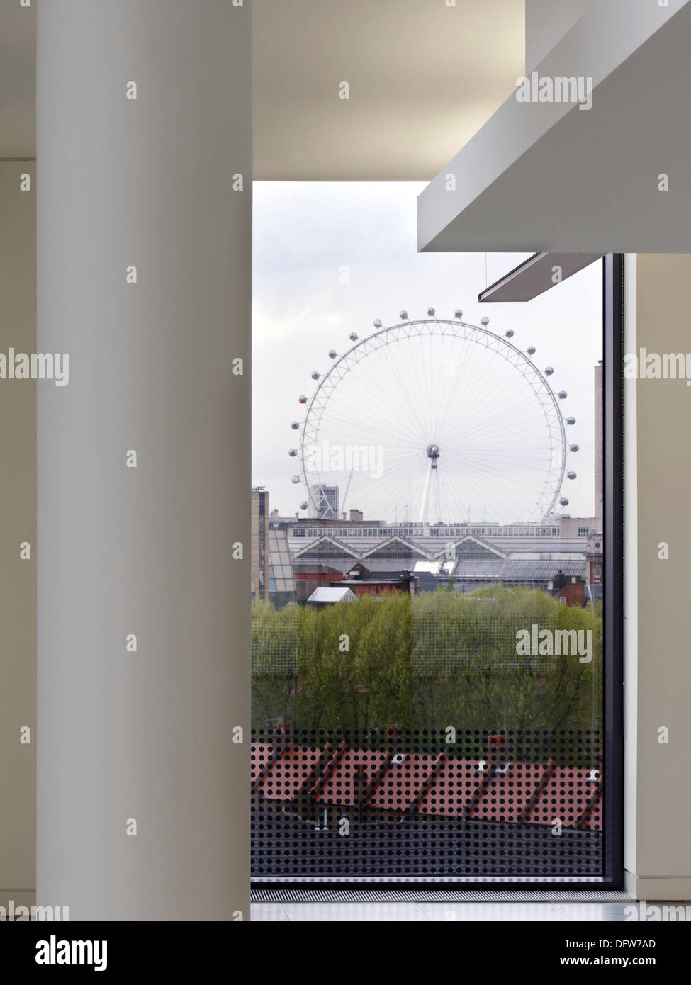 One Valentine Place, London, United Kingdom. Architect: Stiff + Trevillion Architects, 2013. City view through office window. Stock Photo