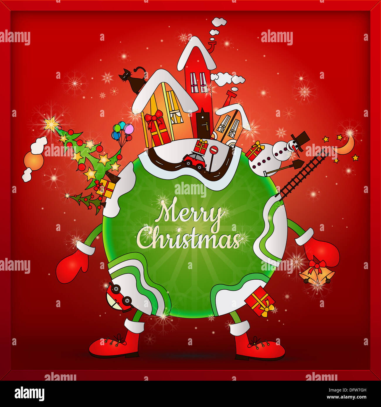 cartoon planet on Christmas night in snow fall and star light, with Christmas greeting Stock Photo