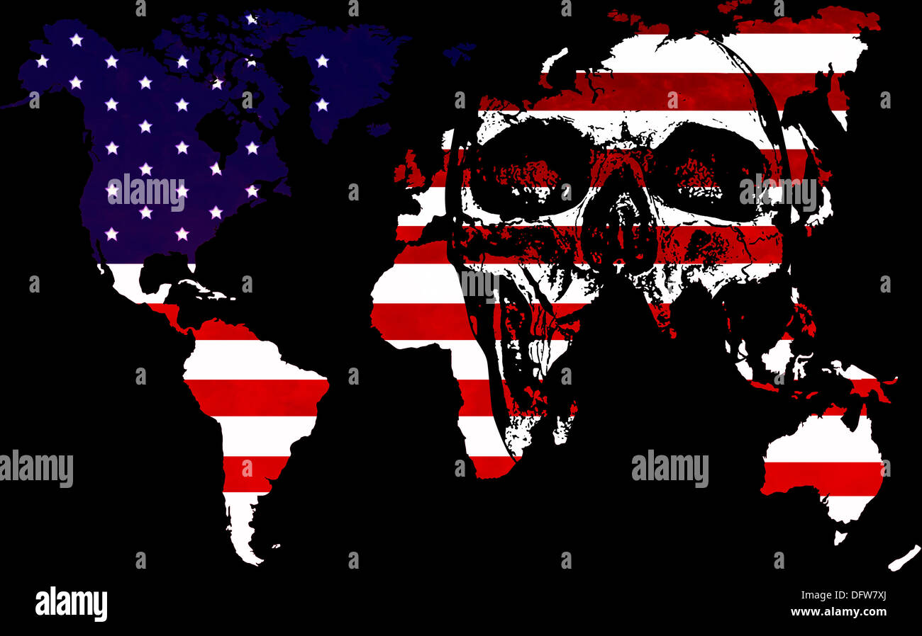 world map with stars and stripes and skull Stock Photo