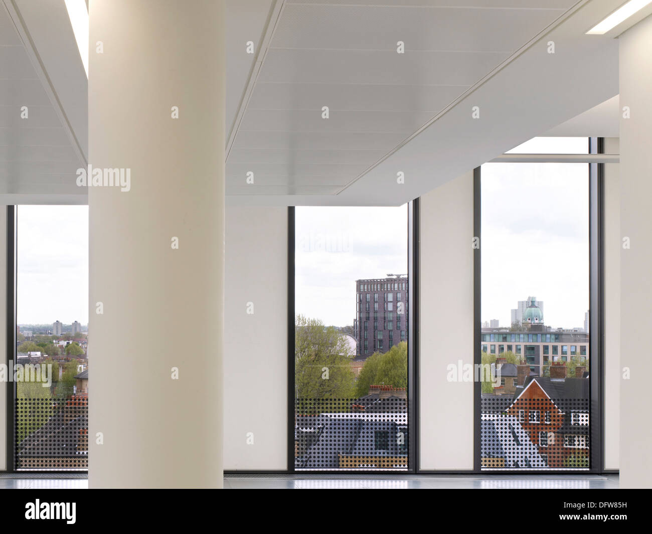 One Valentine Place, London, United Kingdom. Architect: Stiff + Trevillion Architects, 2013. Office interior and view out window Stock Photo