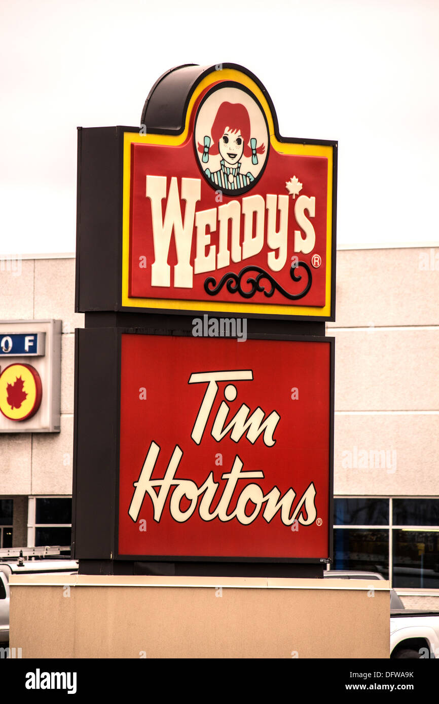 Wendy's restaurant and Tim Hortons Sign Stock Photo