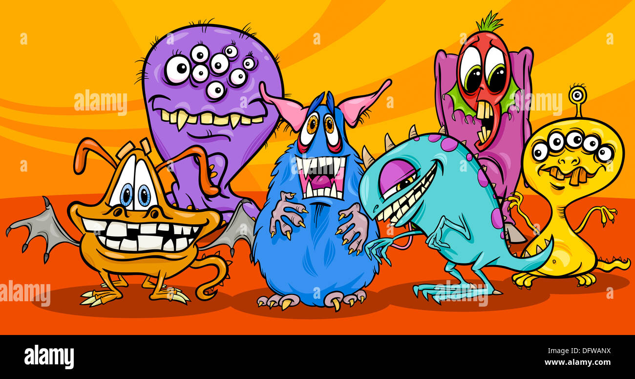 Cartoon Illustration of Fantasy Monsters or Halloween Frights Group Stock Photo