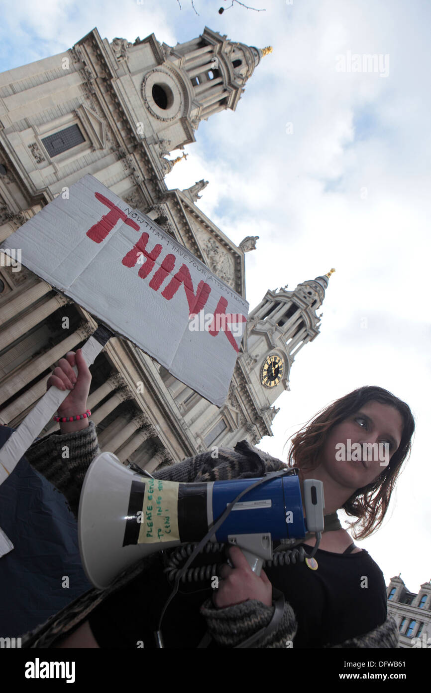 Think on hand written placard anti capitalism protest protester, Occupy St Paul's London Stock Photo