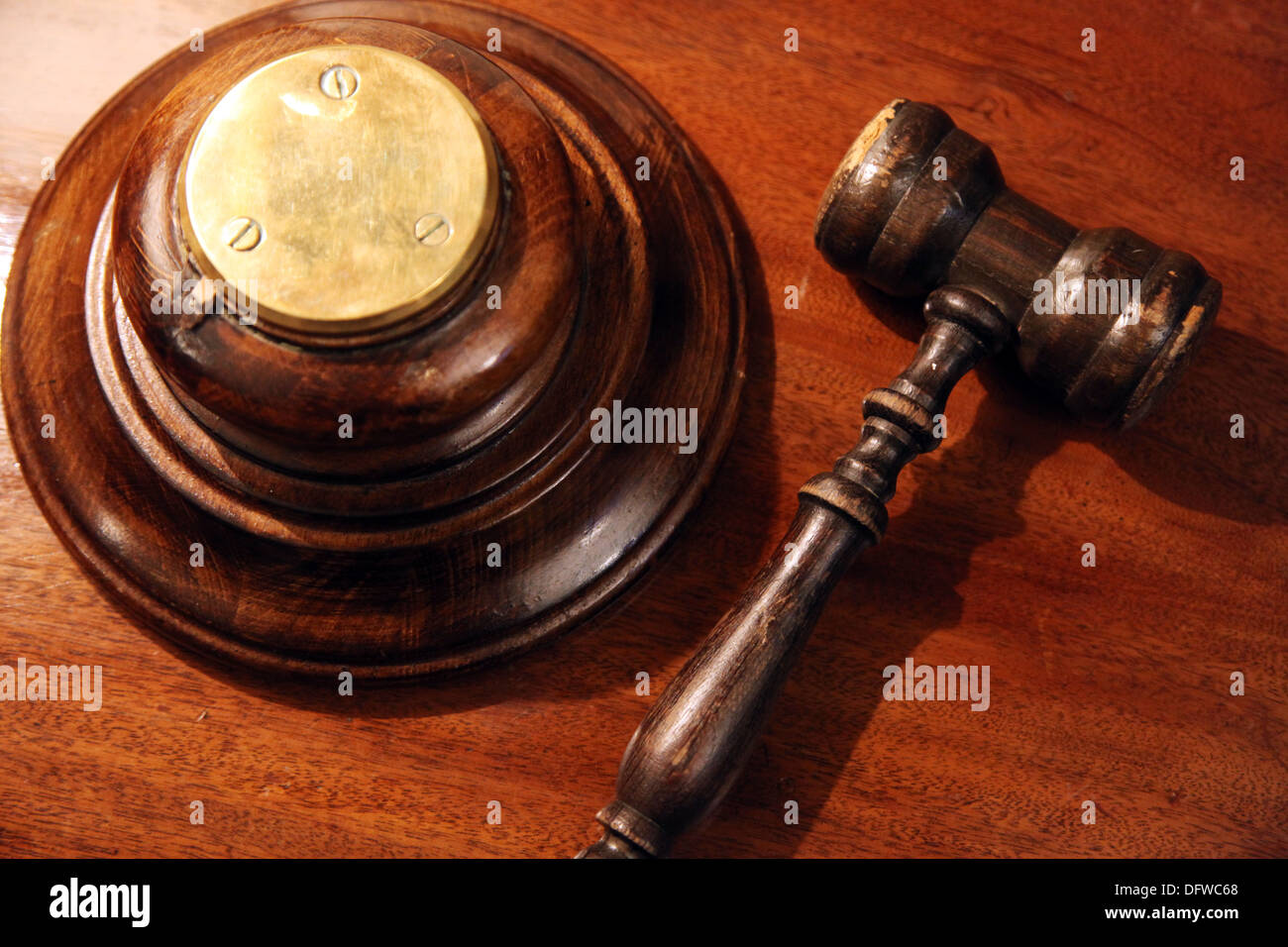 A gavel, or judge's hammer with sound block Stock Photo