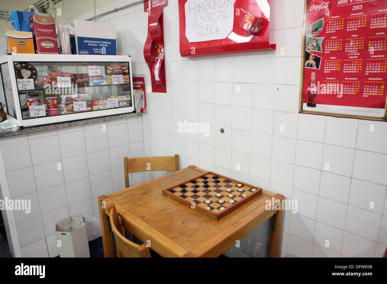 traditional Draughts board game setup table in bar Madeira Stock Photo
