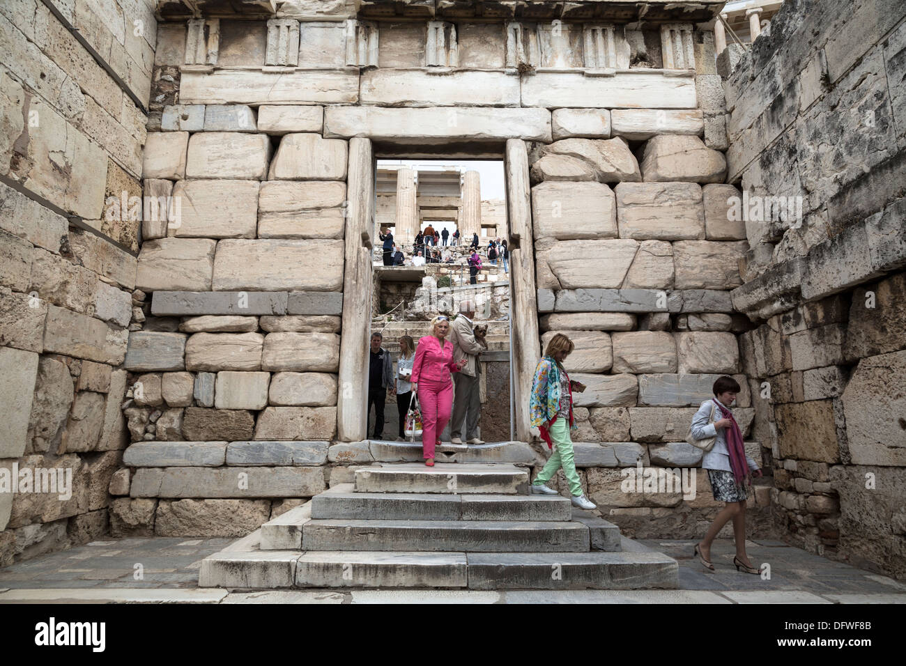 Tourists on the Acropolis. Athens, Greece on October 4, 2013 Stock Photo