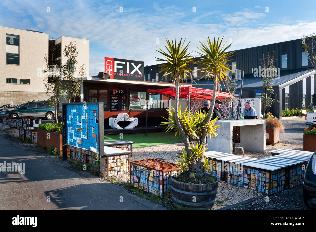 Christchurch, South Island, New Zealand. A temporary container cafe in city centre, following the earthquakes, 2013 Stock Photo