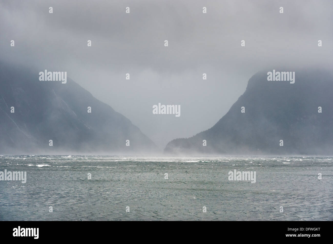 Doubtful Sound in mist and rain, Fiordland National Park, South Island,  New Zealand Stock Photo