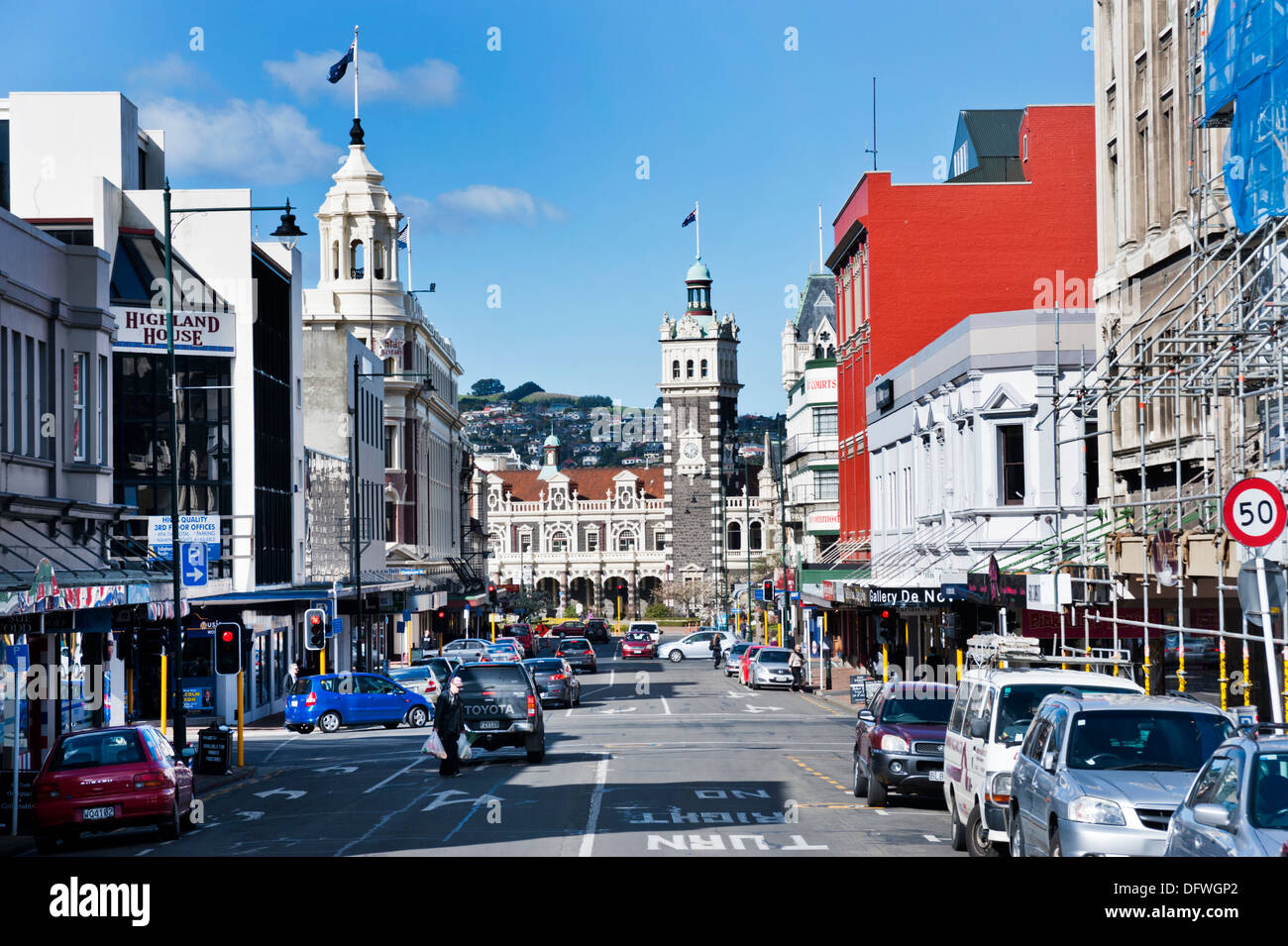 Stuart Street, Dunedin, south Island, New Zealand. The famous railway station is in the picture centre. Stock Photo