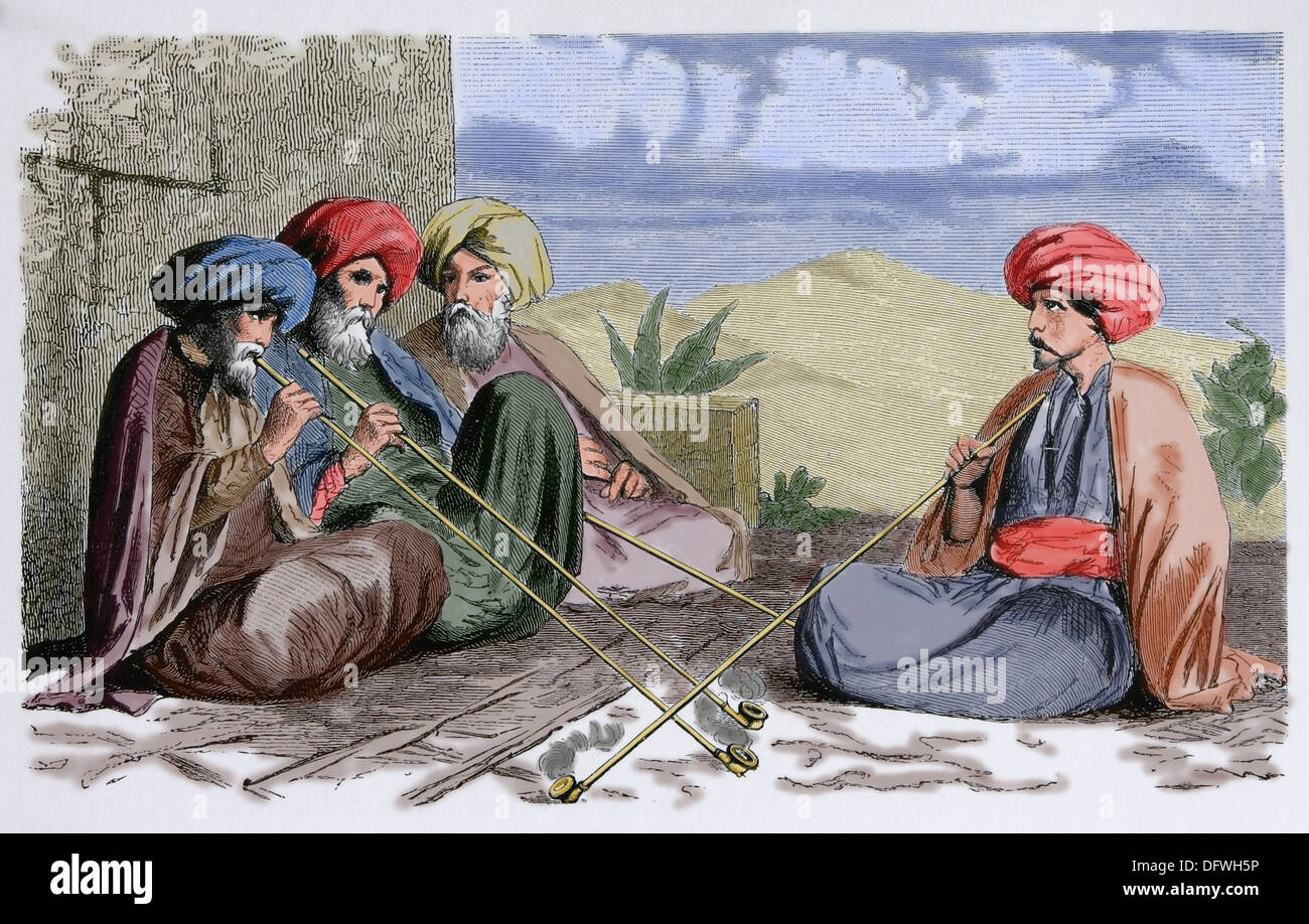 Society. Africa. Tunisia. Tunisian men, c. 1850. Engraving. Later colouration. Stock Photo