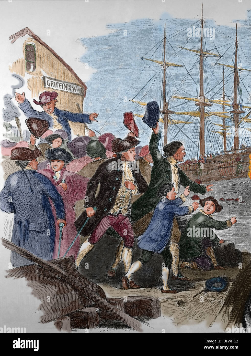 The Boston Tea Party. December 16, 1773. The destruction of Tea at Boston Harbor.Colored engraving. 19th century. Stock Photo