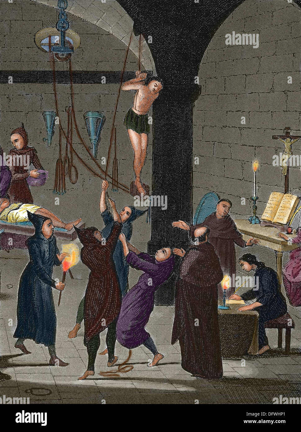 Middle Ages. Inquisition. Confessions and torture. Heretical behaviour of Catholic adherents or converts. Colored engraving. Stock Photo