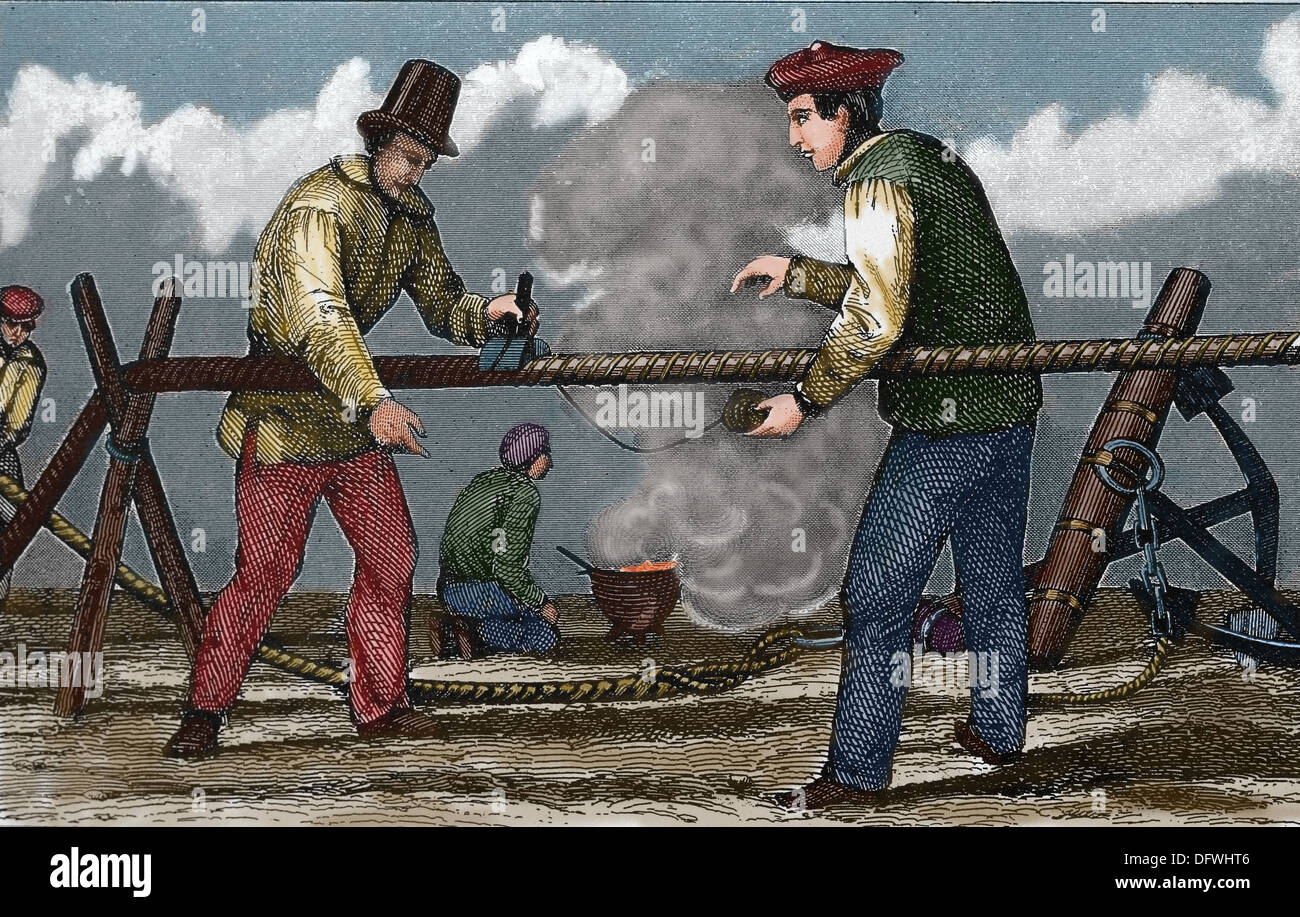 Sailors on ropework. Rope-walk. Colored engraving. 19th century. Stock Photo