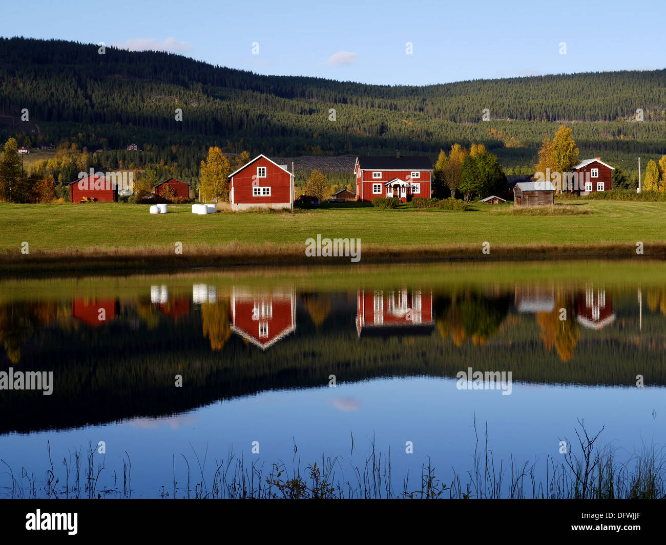 Traditional Swedish countryside houses in Hälsingland mirroring in a fresh water lake in the afternoon sun. Stock Photo