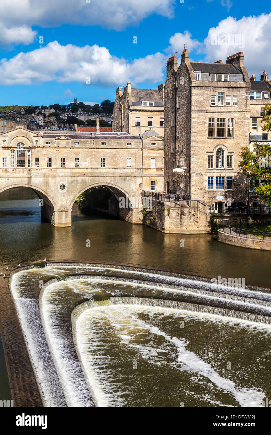 Part of the Palladian Pulteney Bridge and weir in the World Heritage city of Bath in Somerset, UK. Stock Photo