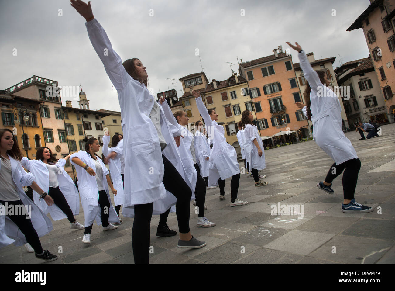 some students in a flash mob in Udine, Italy Stock Photo