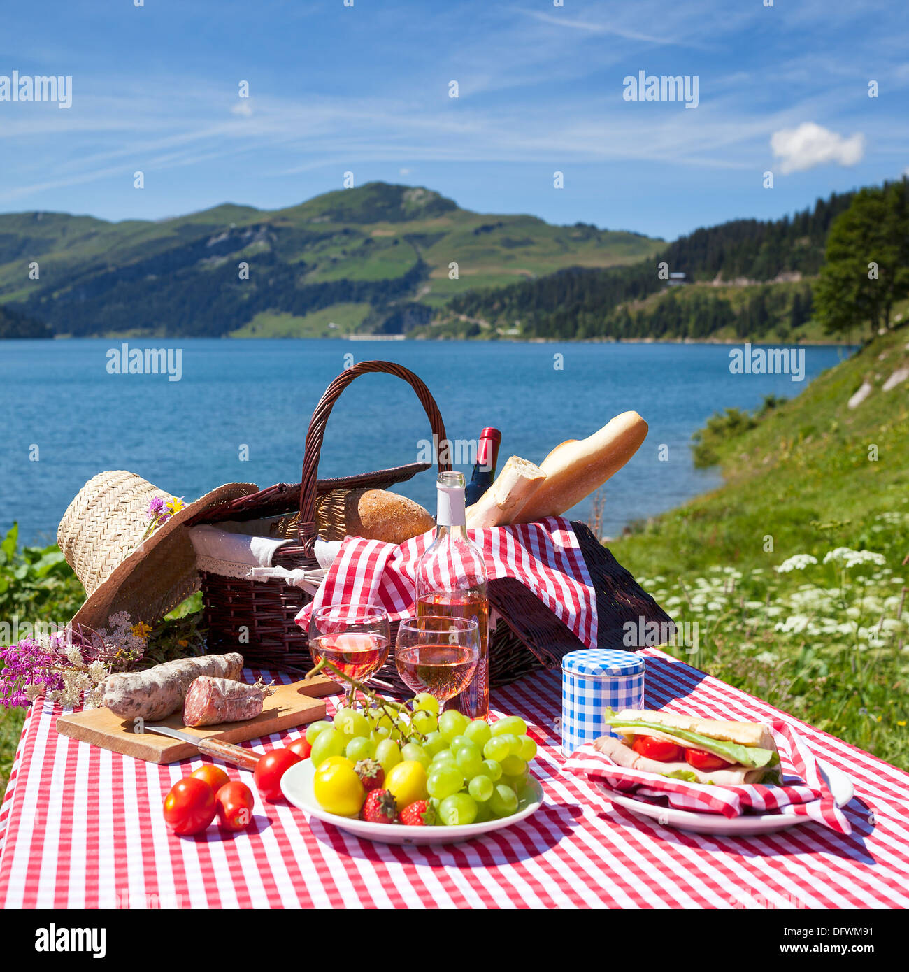 View of picnic in french alpine mountains Stock Photo