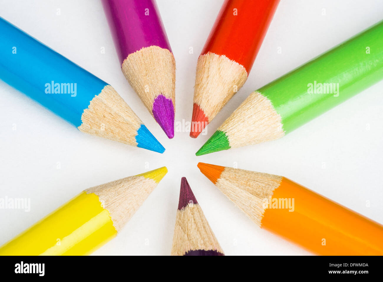 Colored pencils with tips pointing inward Stock Photo