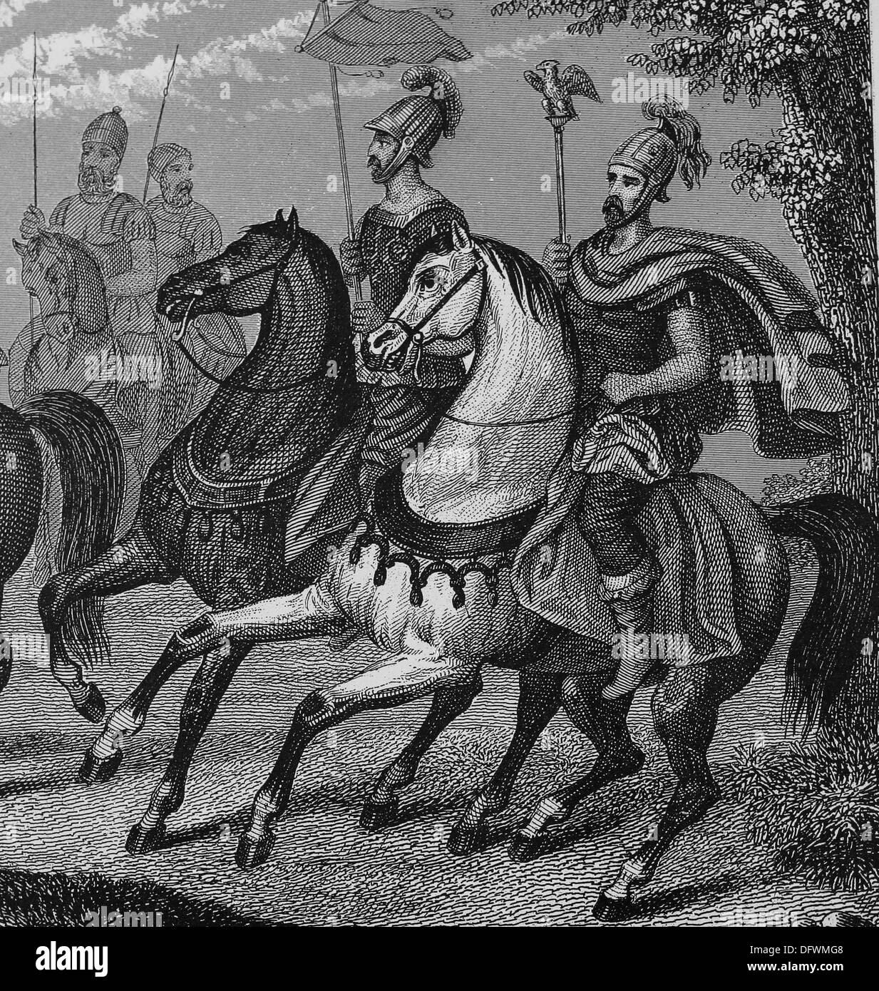 Roman Empire. Roman standard-bearers. Engraving. Iconographic Encyclopaedia of science, Literature and Art. 19th century. Stock Photo