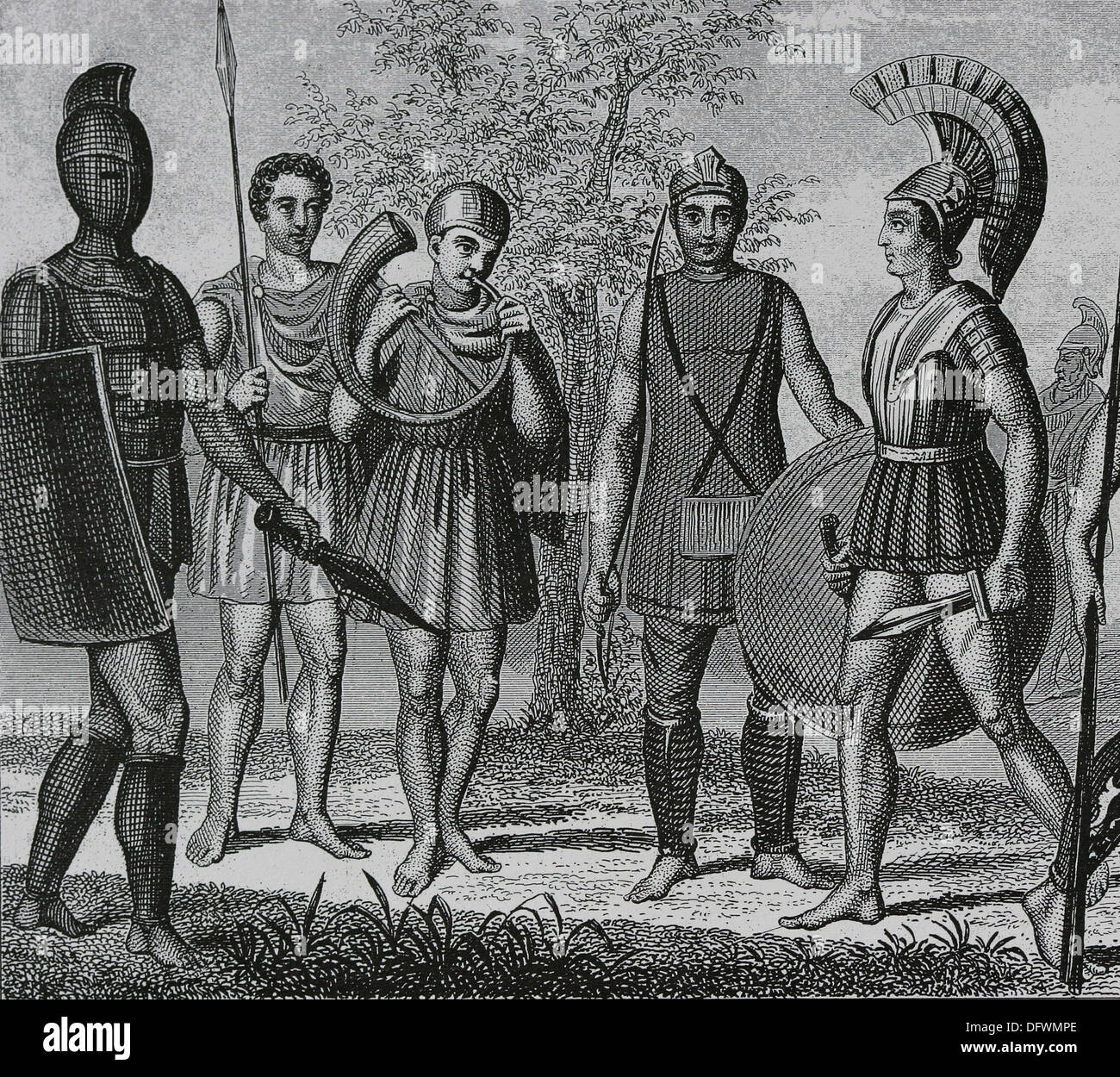 Ancient Age. Etruria. Soldiers and archers Etruscan. Engraving. Iconographic Encyclopaedia of science, Literature and Art. 19th Stock Photo