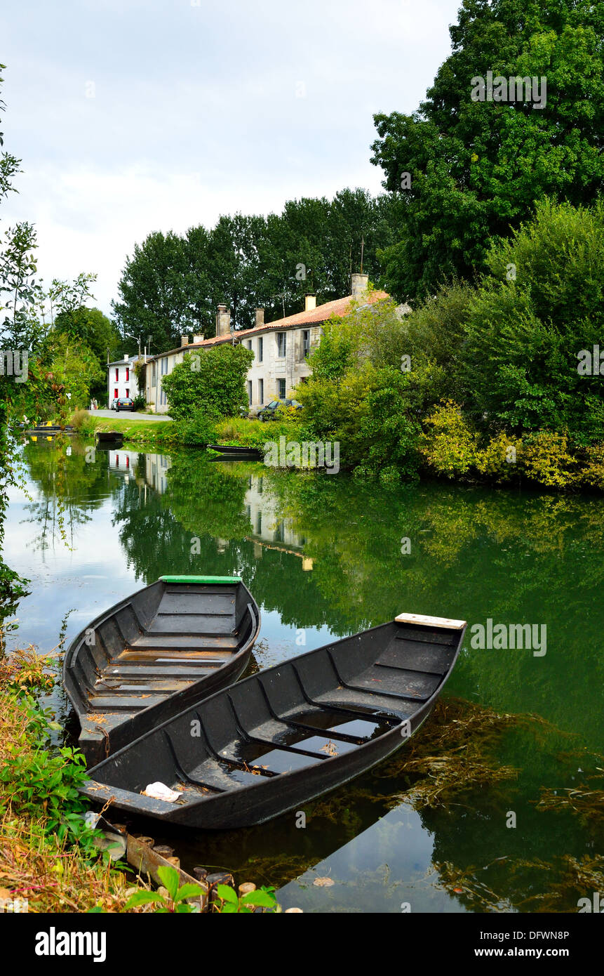 Punts moored on the banks of the Sèvre Niortaise at Coulon, Deux-Sèvres, Poitou-Charentes, France Stock Photo