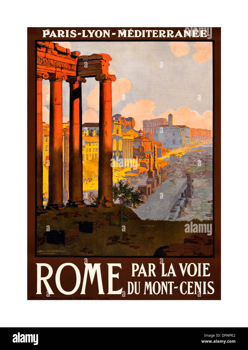 ROME 1900’s ITALY VINTAGE RAIL TRAVEL Rome holiday travel poster 1920's Rail transport Paris Lyon Mediterranian via Mont-Cenis Italy PLM Stock Photo