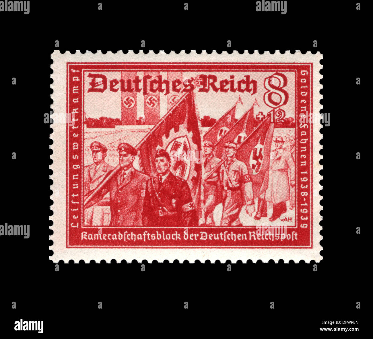 GERMANY THIRD REICH 1938-1939 STAMP WITH NAZI SWASTIKA PARADE FLAGS BERLIN GERMANY Stock Photo