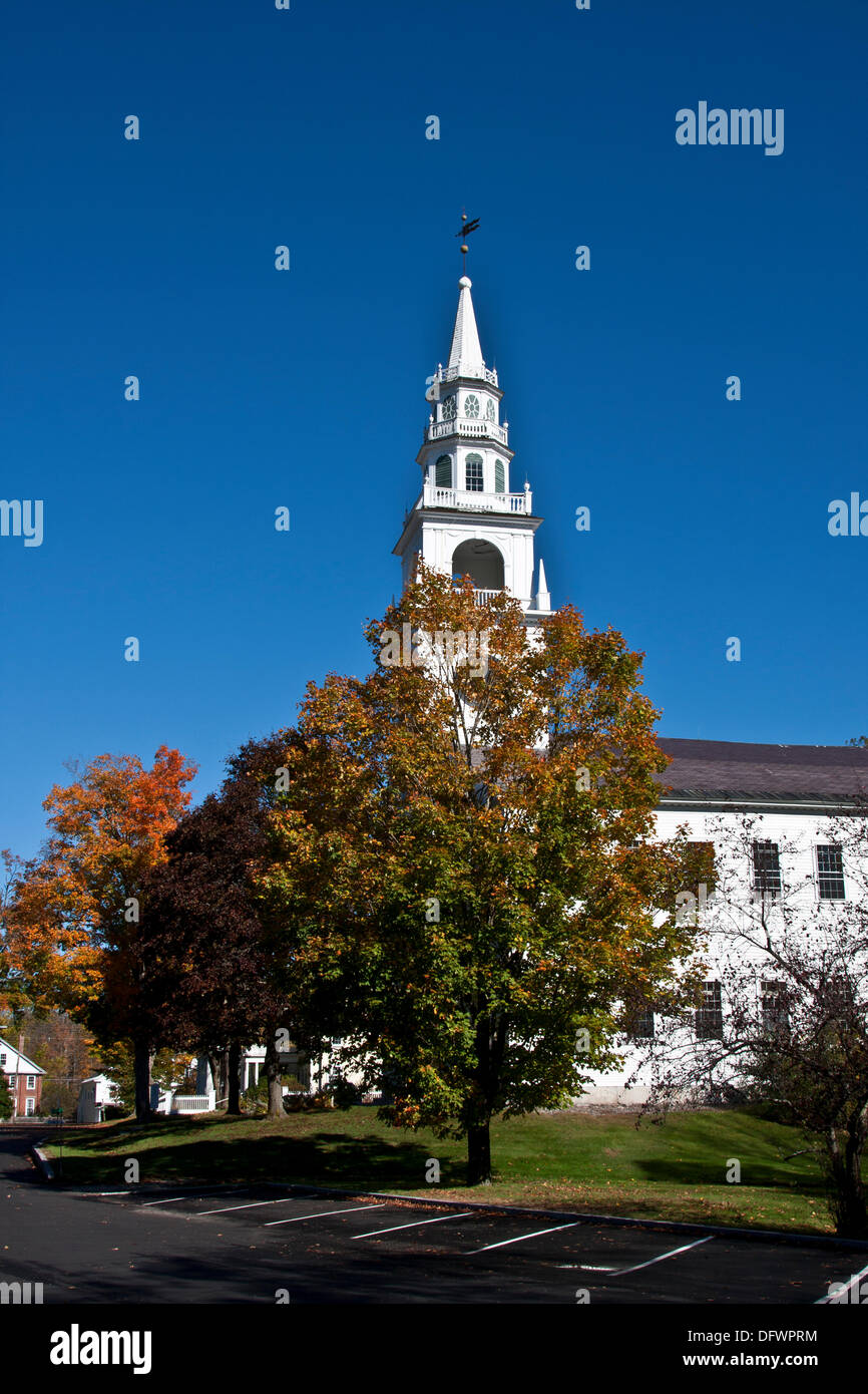 The tall steeple of the Fitzwilliam, New Hampshire Meeting House rises