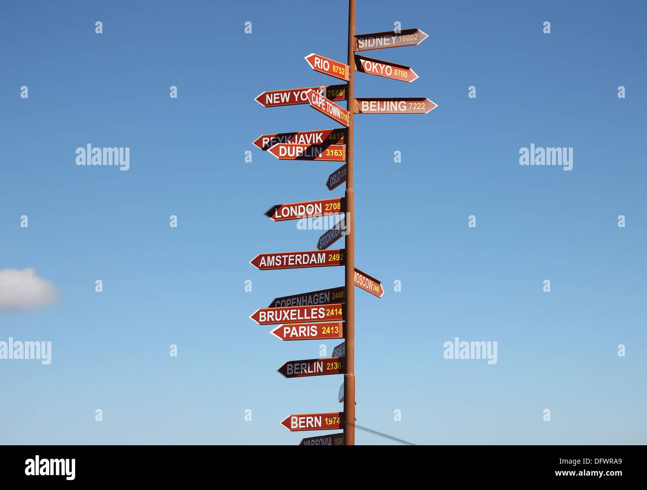 signpost to the world capitals against the sky Stock Photo - Alamy