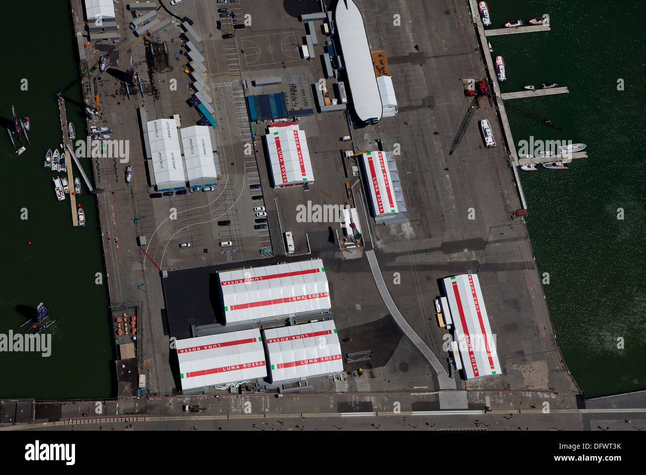 aerial photograph Luna Rossa America's Cup staging area Pier 30-32 San Francisco California Stock Photo