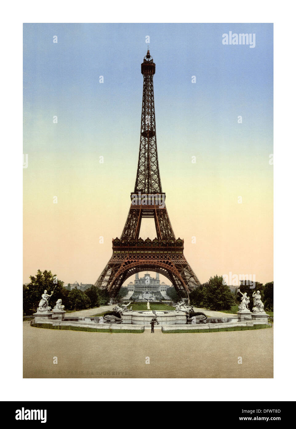 EIFFEL TOWER VINTAGE Historic colour image of Eiffel Tower viewed toward Trocadero 'Exposition Universal 1900 Paris France' Stock Photo