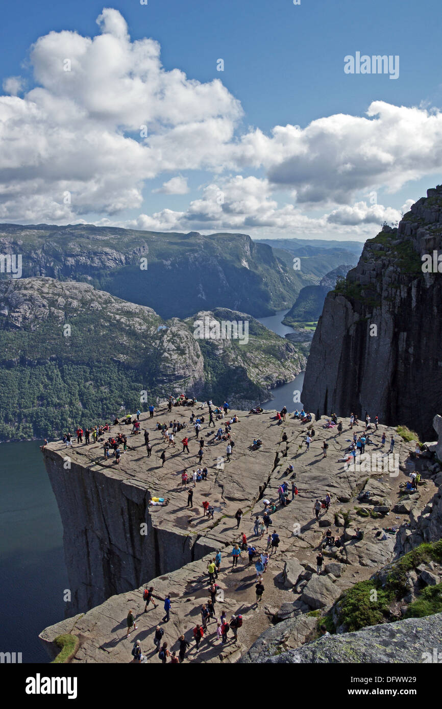 Tourists And Climbers On Viewing Point Prekestolen Preikestolen At Lysefjorden Near Stavanger Norway Stock Photo Alamy