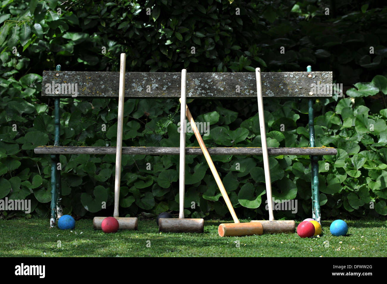 Croquet mallets and balls Stock Photo Alamy