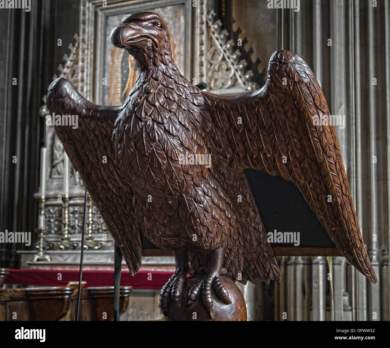A carved wooden eagle lectern in a church Stock Photo Alamy