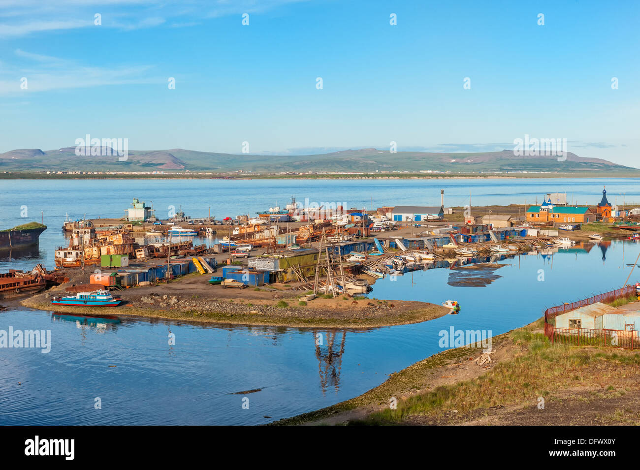 Siberian City Anadyr harbour, Chukotka Province, Russian Far East Stock Photo