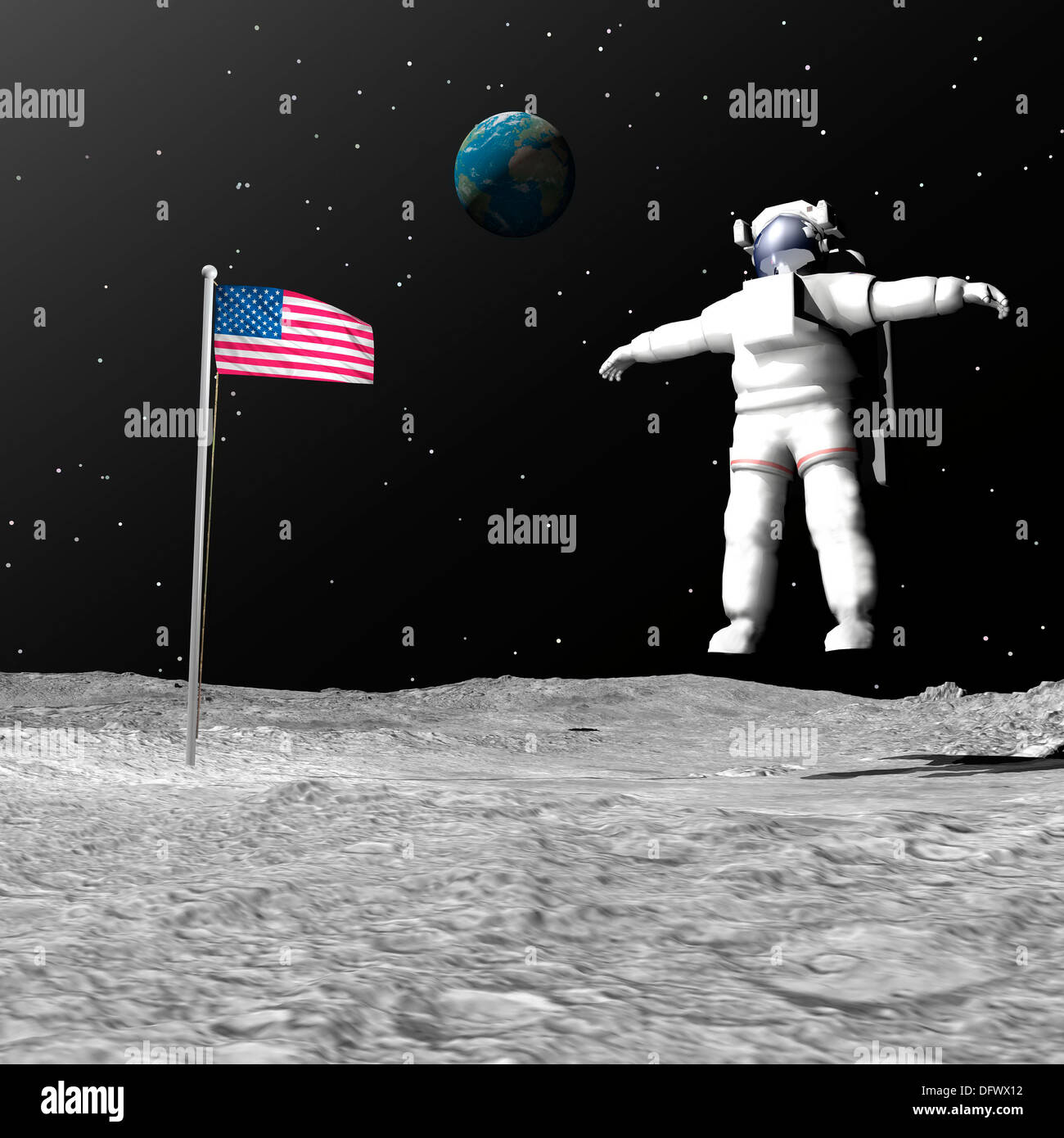 First astronaut on the moon floating next to American flag with Earth in the background. Stock Photo