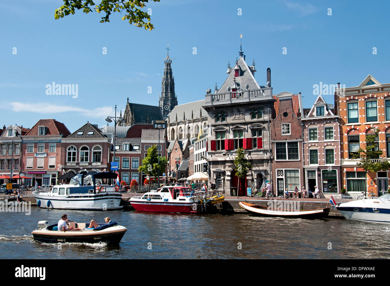 Haarlem Spaarne river City Netherlands boat Town Stock Photo