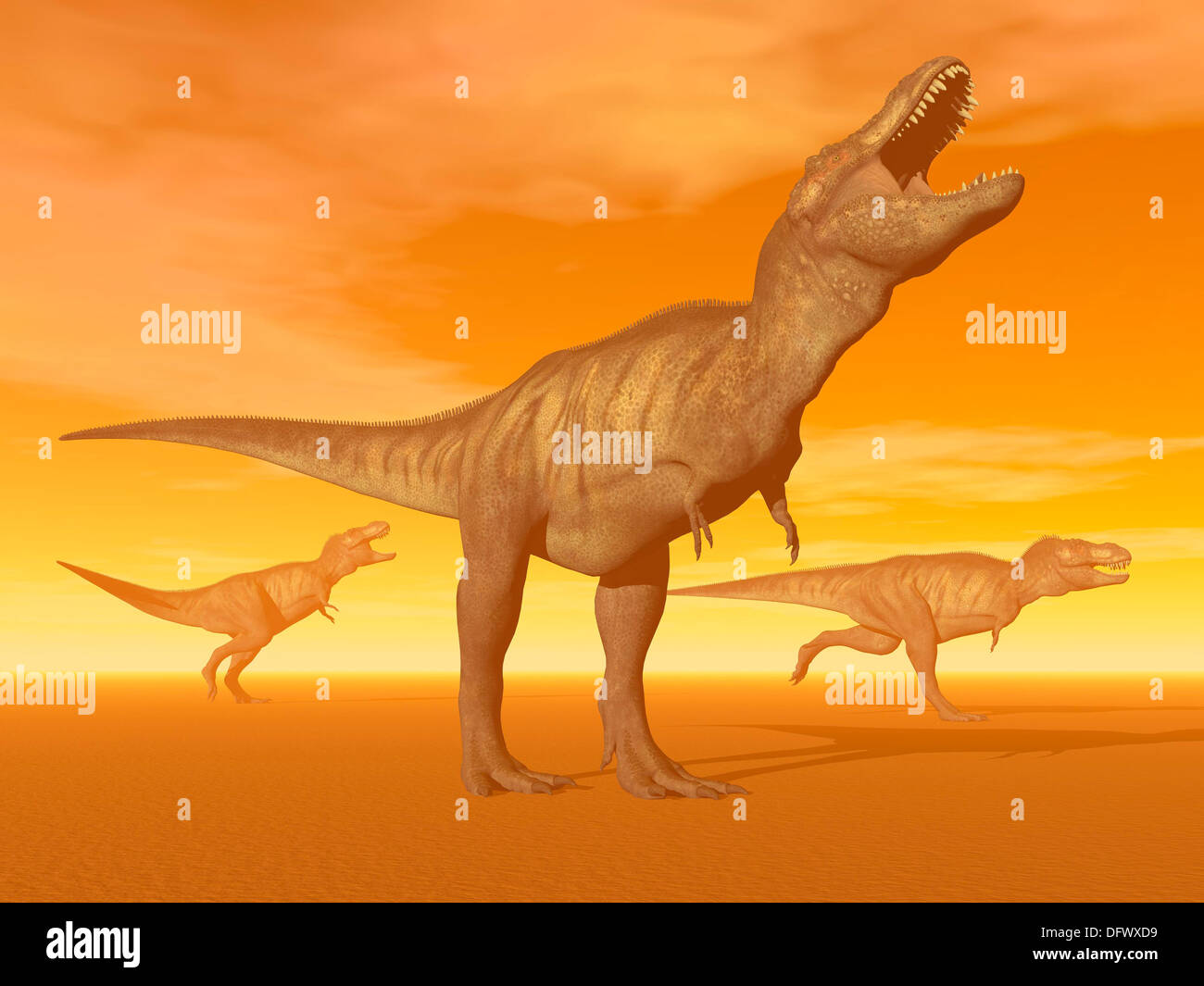 Three Tyrannosaurus Rex dinosaurs in an orange foggy desert by sunset