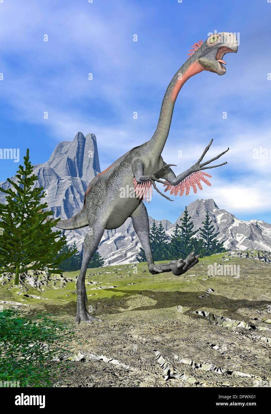 Gigantoraptor dinosaur running in the mountains. Stock Photo