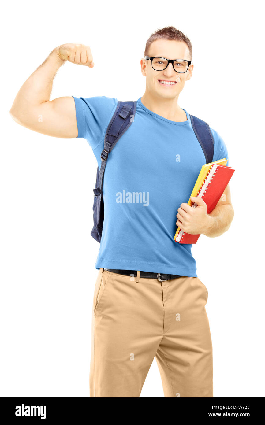 Smiling male student with backpack holding books and showing his biceps ...