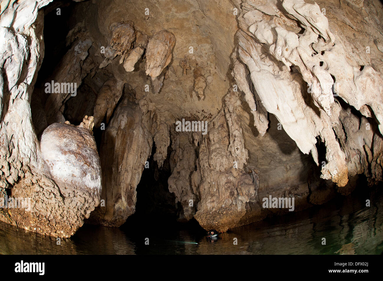 Snorkeler explores the spectacular Tomolol caves, southern Raja Ampat, West Papua, Indonesia. Stock Photo